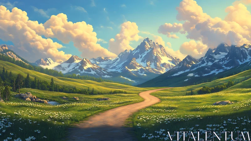 Winding dirt path extends through alpine meadow to mountains