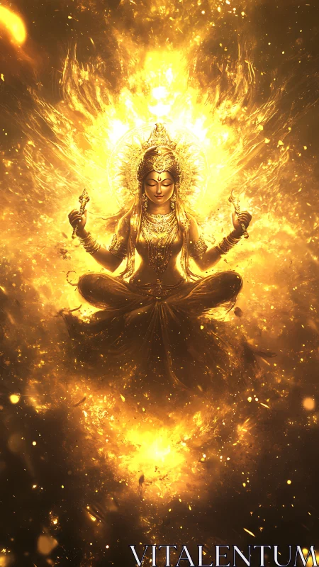 Radiant golden goddess emerges in blazing celestial fire.