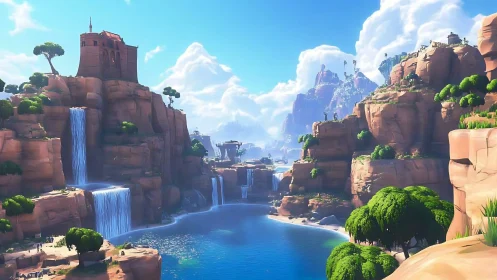 Fantastical Canyon Valley with Waterfalls and Fortress Architecture