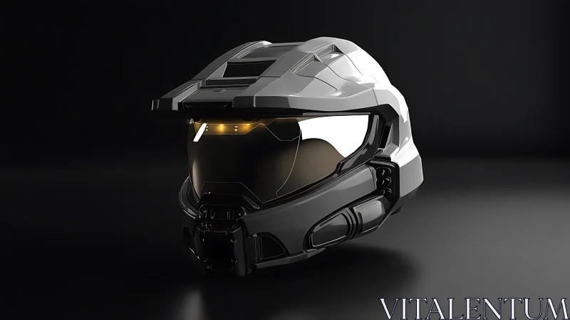 Futuristic tactical helmet rests in dramatic studio lighting.
