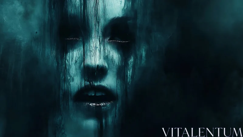 Spectral female visage dissolving in teal atmospheric fog