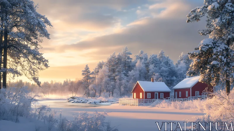 Snow covered red cabins by frozen river at winter sunset.