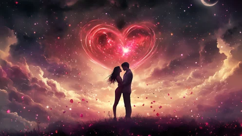 Couple embracing beneath glowing cosmic heart