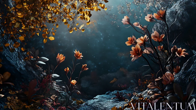 Digital floral environment depicts illuminated blossoms in a grotto