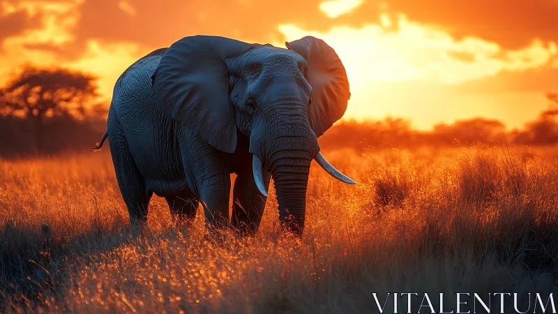 Gentle elephant wandering through a golden savanna sunset.