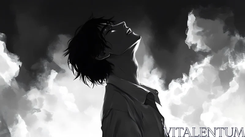 Monochrome profile of young figure against clouded sky.
