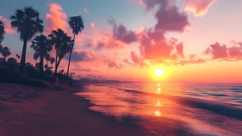 Tropical shoreline at sunset with palm silhouettes and warm surf glow.