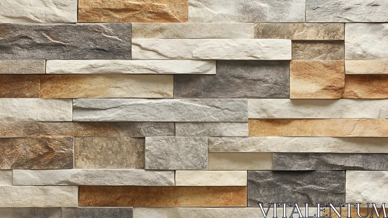 Modern stacked stone wall with neutral earth tones, realistic texture.