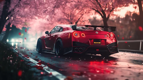Red Nissan GT-R under cherry blossoms on wet mountain road