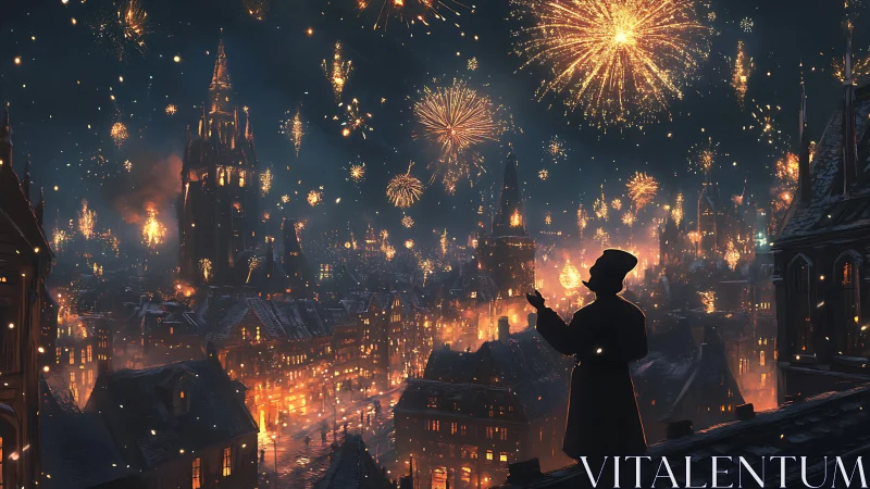 Silhouetted watcher greets luminous fireworks above old city.
