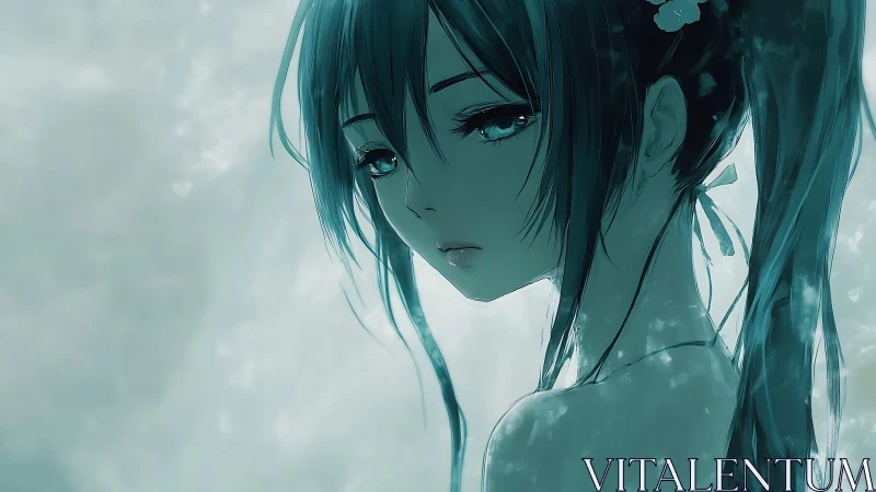 Melancholic anime girl with teal hair in soft light.