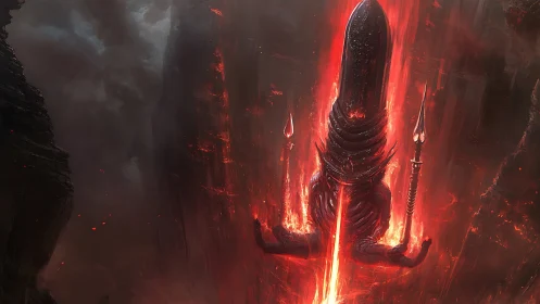Infernal monolith deity rises within burning chasm gorge