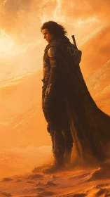 Armored desert wanderer stands against storm-lit orange dunes