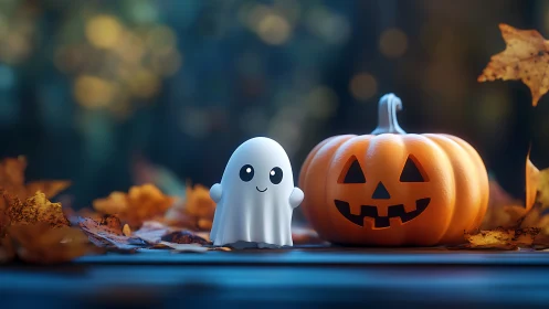 Cute ghost and glowing jack-o&rsquo;-lantern share a cozy night.