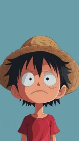 Straw hat boy anime portrait under flat blue sky.