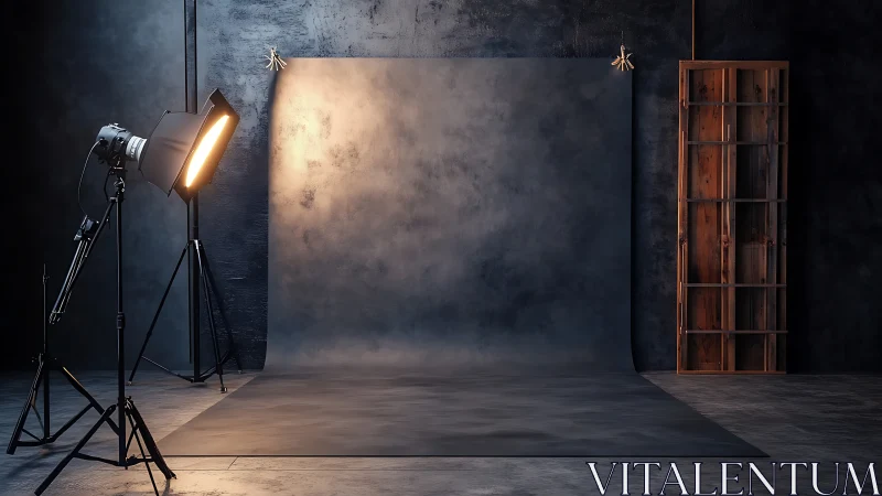 Empty studio backdrop stands under softbox light glow