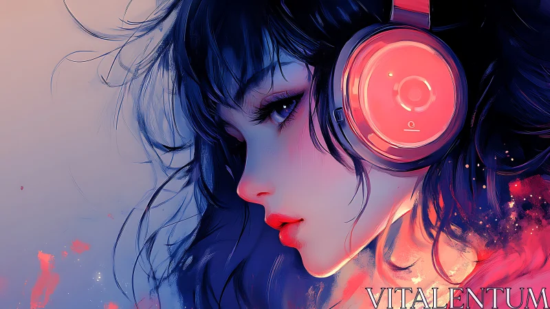 Profile illustration of girl wearing large red headphones.