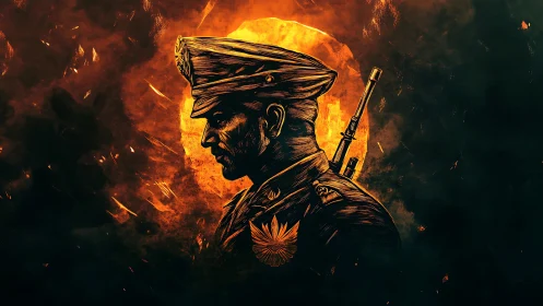 Military officer profile in fiery orange battlefield glow.