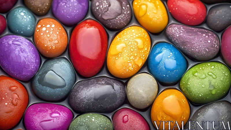Multicolored wet pebbles are arranged in a tight grid layout.