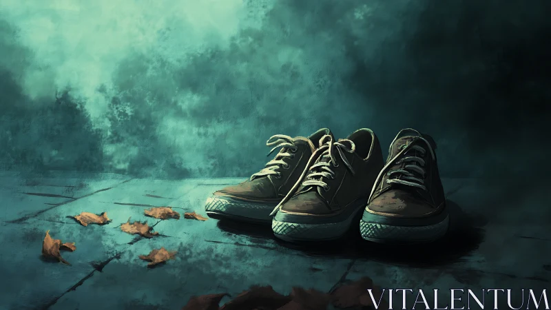 Three worn sneakers on wet pavement with scattered leaves.