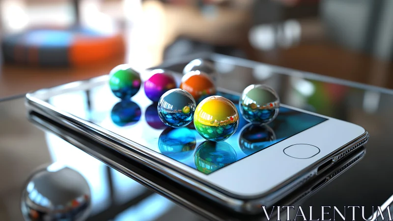 Chromatic glass spheres on smartphone display optics study.