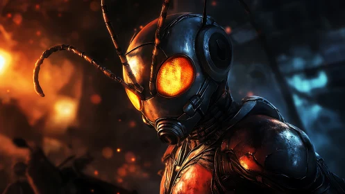 Glowing eyed insect warrior stands firm in the burning night
