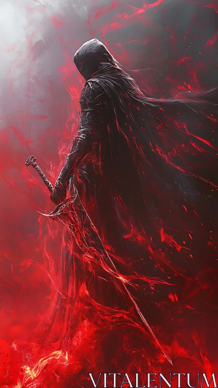 Hooded dark warrior stands in raging red infernal storm