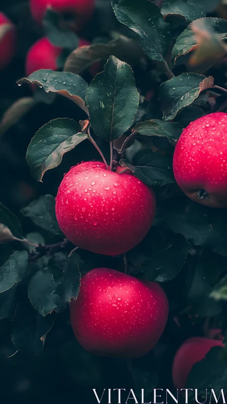 Crimson apples hang on rain kissed orchard branches.