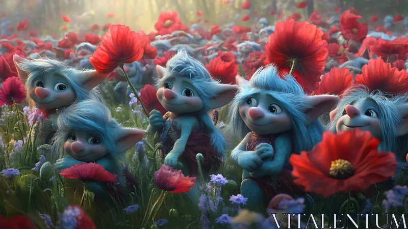 Blue-haired forest sprites in vibrant red poppy bloom