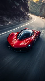 Red mid‑engine sports car on winding mountain highway.