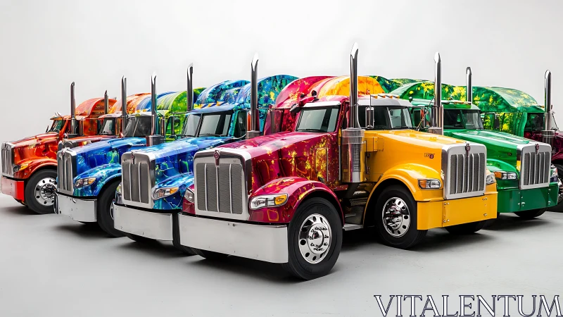 Row of custom-painted semi trucks in varied bright colors.