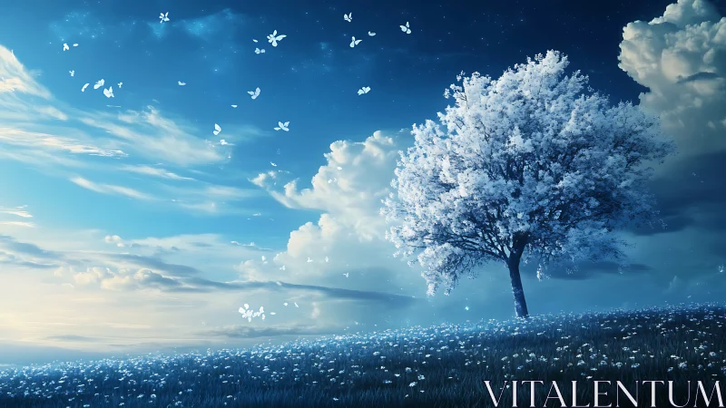 Moonlit meadow tree beneath drifting petals and soft clouds.