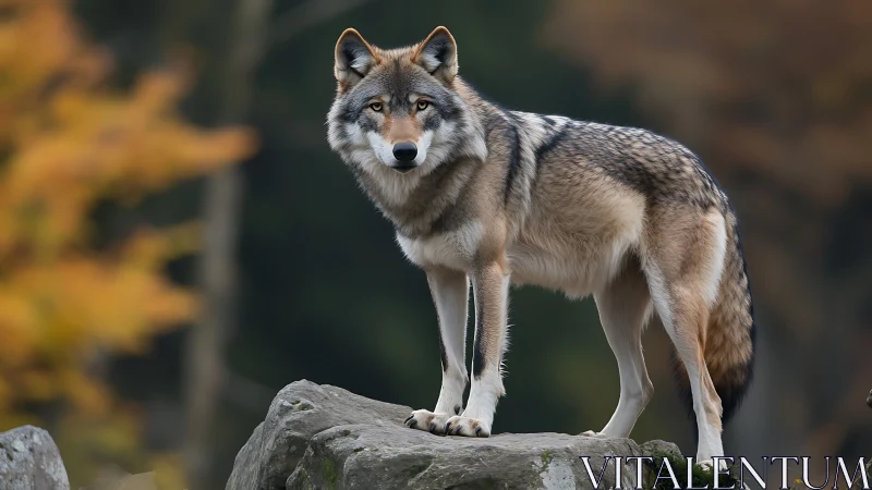 Wild grey wolf stands alert on rocks in soft autumn forest