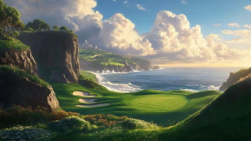 Sunlit seaside golf green rests beneath dramatic coastal cliffs