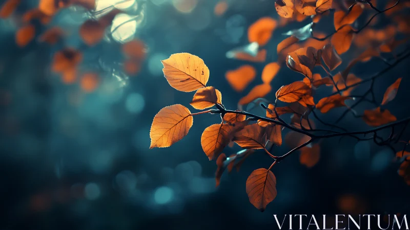 Autumn leaves on branch in dreamy bokeh background, moody style.