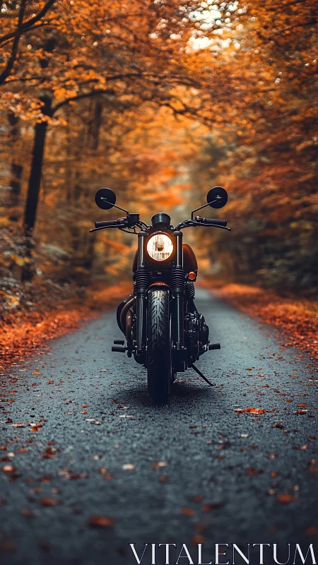 Lone road rebel idles beneath a roaring tunnel of autumn