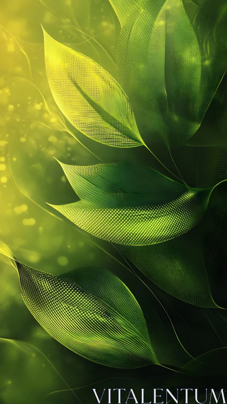 Pixel-breathed leaves drift upward through luminous green haze