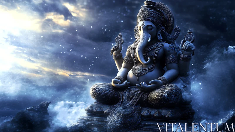 Celestial stone Ganesha idol in luminous stormlit clouds