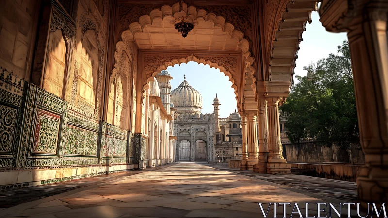 Morning light gently warms an ornate Mughal palace corridor