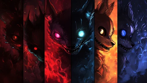 Elemental demon wolves divide into flaming spectral panels.