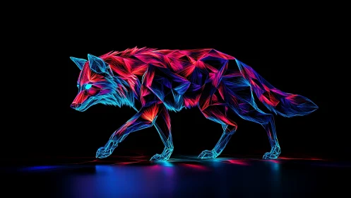 Neon polygonal wolf rendered with luminous vector line gradients