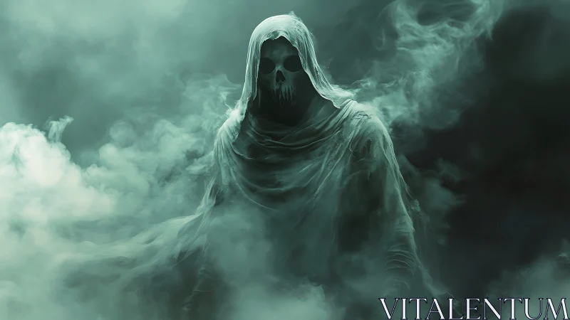Mysterious hooded spirit wandering through swirling mist.