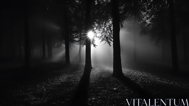 Backlit foggy forest with radial light scattering geometry.