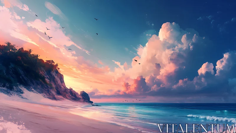 Sunlit tropical cliff overlooks tranquil pastel shoreline