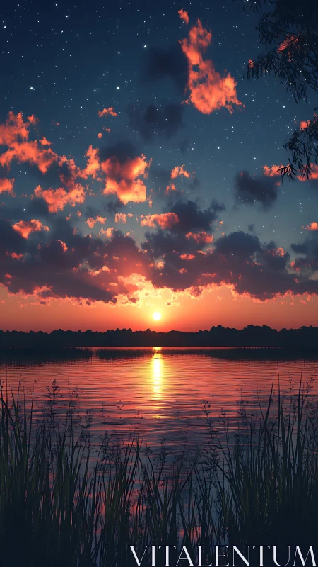 Twilight lake horizon with specular sunset and starfield sky.