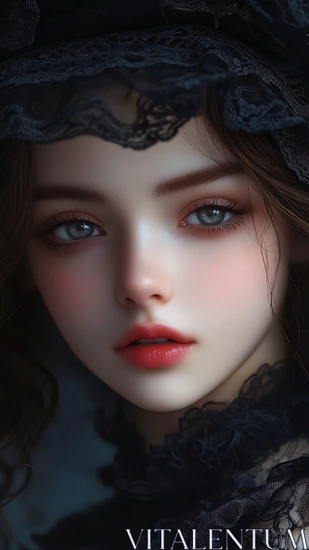 Digital painting portrait in dark lace with luminous skin rendering.