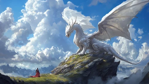 Epic digital painting of white mountain dragon and lone rider.