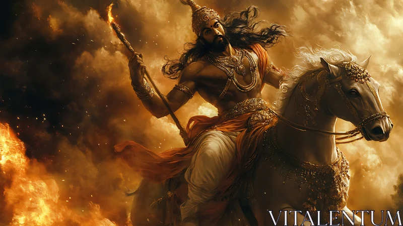 Armored warrior on white steed charges through inferno-lit smoke