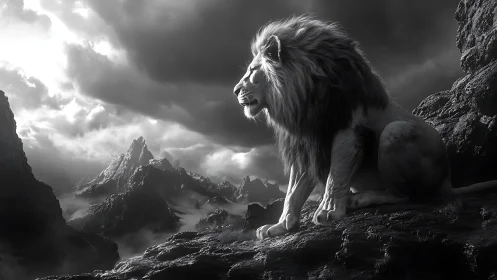 Monochrome lion overlooking dramatic mountain range.