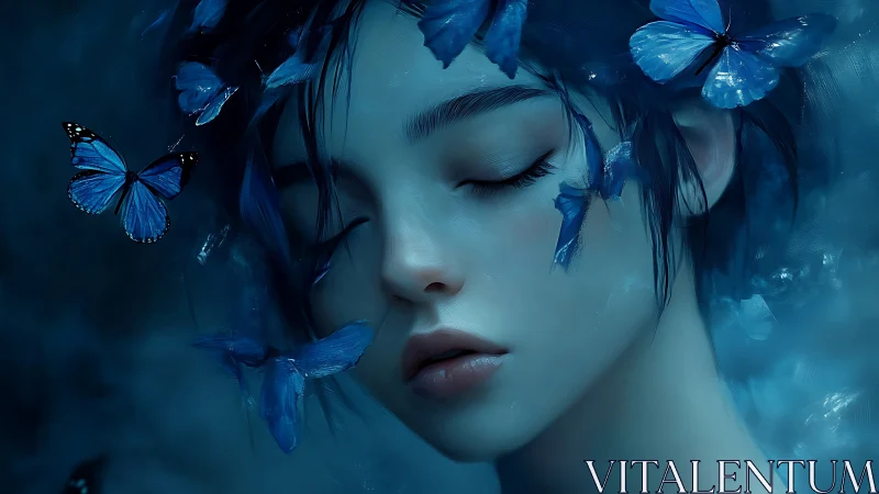 Midnight dreamer rests softly among gentle blue butterflies